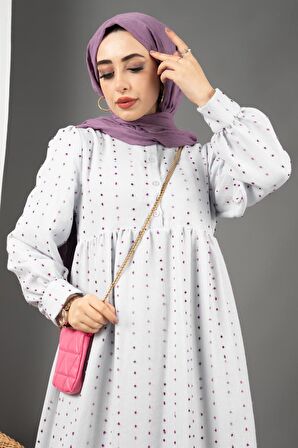 Ponpon Detaylı Astarlı Elbise-Lila Gri