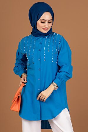 önü incili Tunik-Mavi