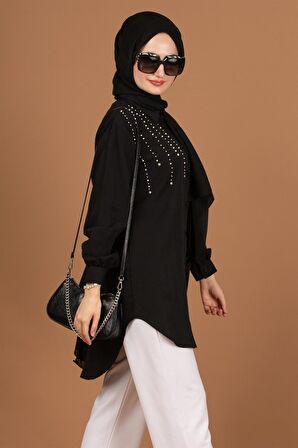 önü incili Tunik-Siyah