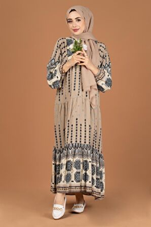 Karışık Desenli Viscon Elbise-Vizon