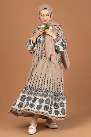 Karışık Desenli Viscon Elbise-Vizon