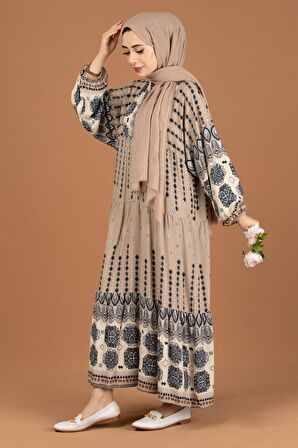 Karışık Desenli Viscon Elbise-Vizon