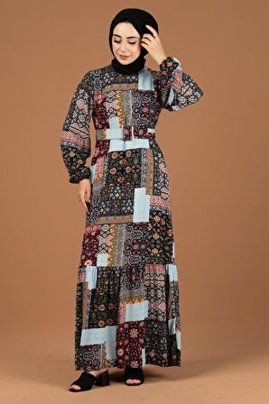 Yama Desenli Viscon Elbise-Siyah