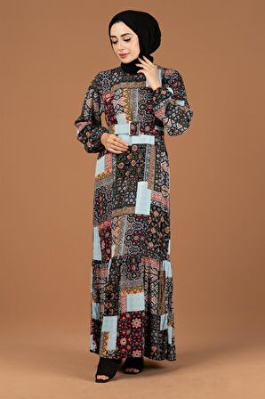 Yama Desenli Viscon Elbise-Siyah