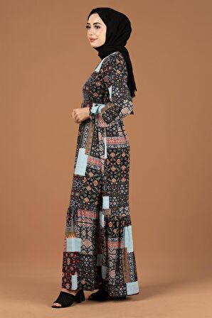 Yama Desenli Viscon Elbise-Siyah