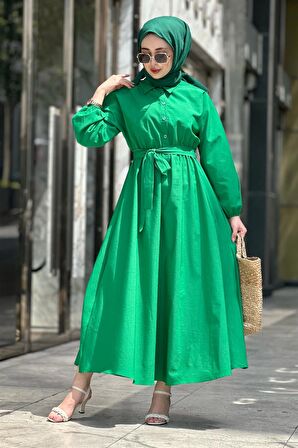 Yakalı Mevlana Elbise-Benetton Yeşili