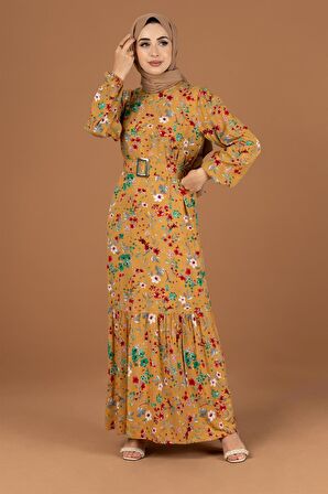 Çiçekli Kaplama Kemerli Viscon Elbise-Hardal