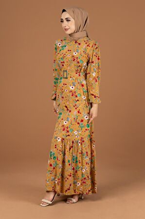 Çiçekli Kaplama Kemerli Viscon Elbise-Hardal