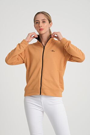 Latte Tam Fermuarlı Nakışlı Dik Yaka Kadın Sweatshirt