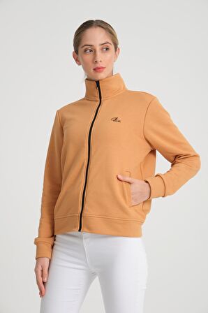 Latte Tam Fermuarlı Nakışlı Dik Yaka Kadın Sweatshirt