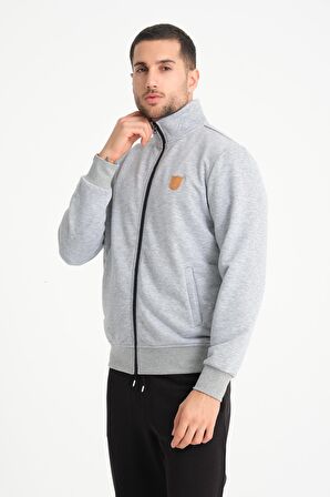 Gri Tam Fermuarlı Dik Yaka Armalı Erkek Sweatshirt