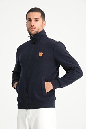 Lacivert Tam Fermuarlı Dik Yaka Armalı Erkek Sweatshirt