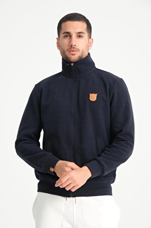 Lacivert Tam Fermuarlı Dik Yaka Armalı Erkek Sweatshirt