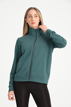 Koyu Yeşil Tam Fermuarlı Nakışlı Dik Yaka Kadın Sweatshirt