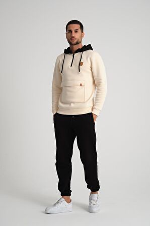 Ekru Kanguru Cepli Kapüşonlu Erkek Sweatshirt