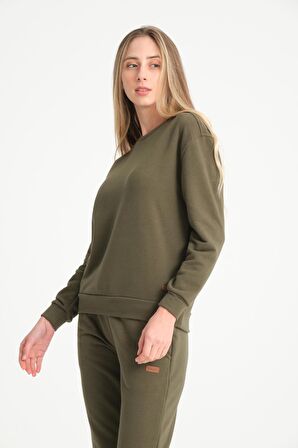 Haki Basic Bisiklet Yaka Armalı Kadın Sweatshirt