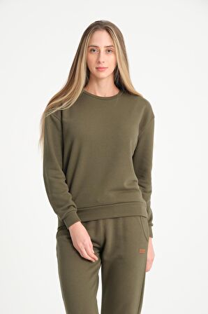 Haki Basic Bisiklet Yaka Armalı Kadın Sweatshirt