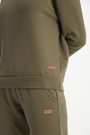 Haki Basic Bisiklet Yaka Armalı Kadın Sweatshirt