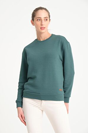 Koyu Yeşil Basic Bisiklet Yaka Armalı Kadın Sweatshirt