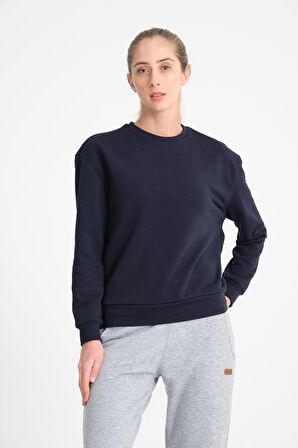 Koyu Lacivert  Basic Bisiklet Yaka Armalı Kadın Sweatshirt