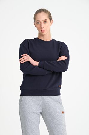 Koyu Lacivert  Basic Bisiklet Yaka Armalı Kadın Sweatshirt