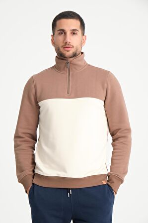 Kahve Dik Yaka Yarım Fermuarlı Erkek Sweatshirt