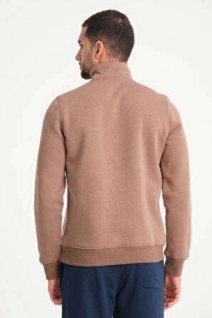 Kahve Dik Yaka Yarım Fermuarlı Erkek Sweatshirt