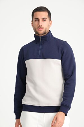 Lacivert Dik Yaka Yarım Fermuarlı Erkek Sweatshirt