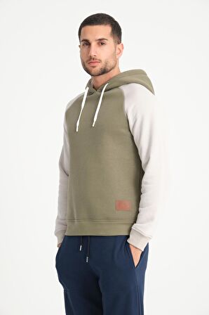 Yeşil İki Renkli Kapüşonlu Erkek Sweatshirt