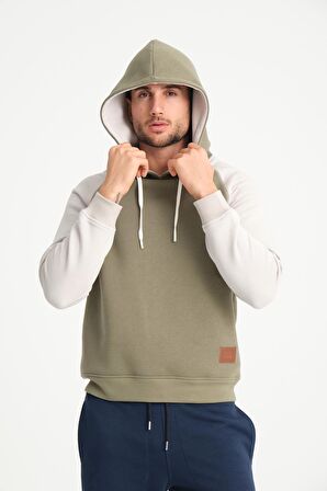 Yeşil İki Renkli Kapüşonlu Erkek Sweatshirt