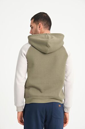 Yeşil İki Renkli Kapüşonlu Erkek Sweatshirt