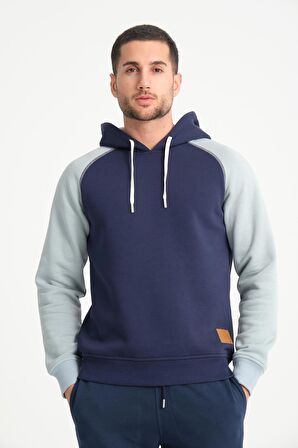 Lacivert İki Renkli Kapüşonlu Erkek Sweatshirt