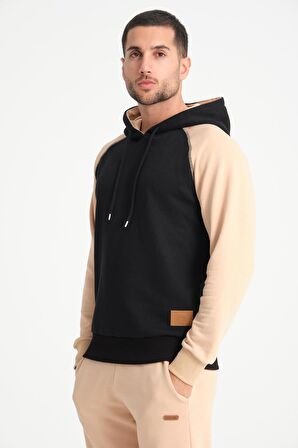 Kahve İki Renkli Kapüşonlu Erkek Sweatshirt