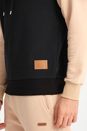 Kahve İki Renkli Kapüşonlu Erkek Sweatshirt