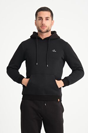 Siyah Kanguru Cepli Kapüşonlu Erkek Sweatshirt