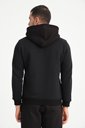 Siyah Kanguru Cepli Kapüşonlu Erkek Sweatshirt