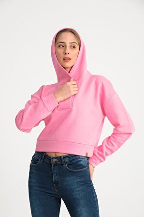 Pembe V Yaka Kapüşonlu Kadın Sweatshirt