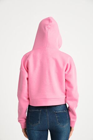 Pembe V Yaka Kapüşonlu Kadın Sweatshirt