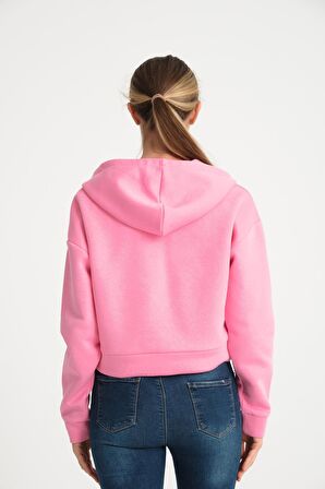 Pembe V Yaka Kapüşonlu Kadın Sweatshirt