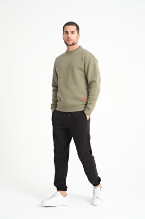 Haki Bisiklet Yaka Basic Armalı Erkek Sweatshirt