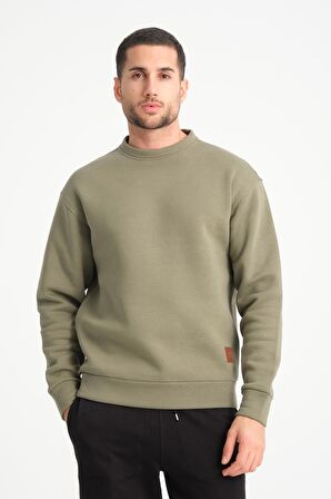 Haki Bisiklet Yaka Basic Armalı Erkek Sweatshirt