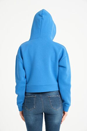 Mavi V Yaka Kapüşonlu Kadın Sweatshirt