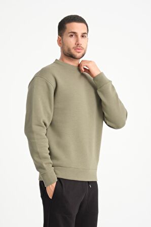 Haki Bisiklet Yaka Basic Armalı Erkek Sweatshirt