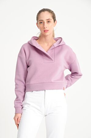 Lila V Yaka Kapüşonlu Kadın Sweatshirt