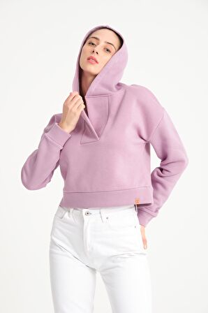 Lila V Yaka Kapüşonlu Kadın Sweatshirt