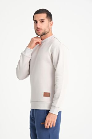 Krem Bisiklet Yaka Basic Armalı Erkek Sweatshirt