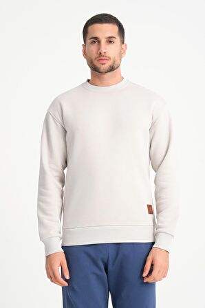 Krem Bisiklet Yaka Basic Armalı Erkek Sweatshirt