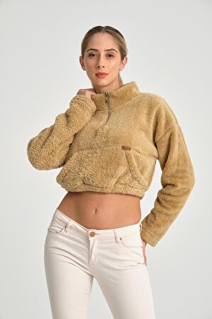 Kahve Yarım Fermuar Kadın Peluş Sweat