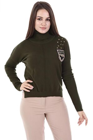 FTZ Women Kadın Zımba Taş Detay Triko Haki