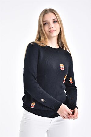 FTZ Women Kadın Boncuk İşlemeli Kazak Siyah